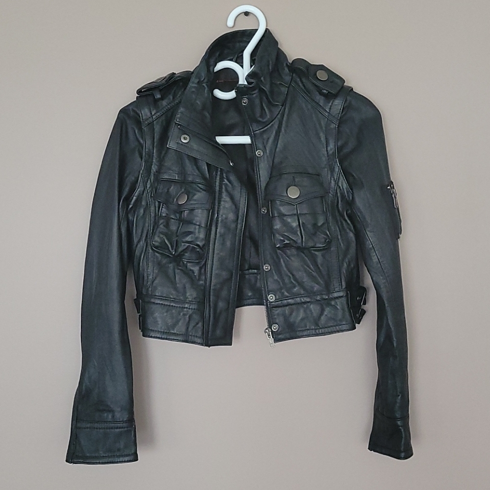 Cropped genuine leather biker jacket